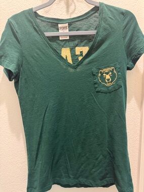 PINK Victoria's Secret Teal V-Neck Pocket Tee with Yellow Mascot
